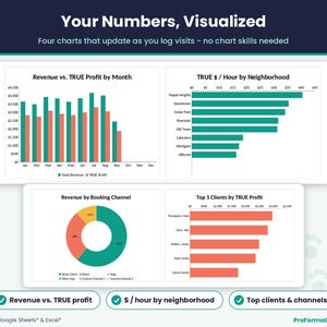 Pet care business charts showing revenue vs true profit by month, true hourly rate by neighborhood, revenue by booking channel and top clients by profit.