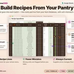 Recipe ingredients log linking each ingredient to an item database with quantity, unit, unit mismatch warning and line cost per batch