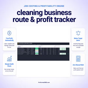 Job costing tab in Google Sheets* calculating true profit per clean, mileage, labor cost, and margin warning flags.