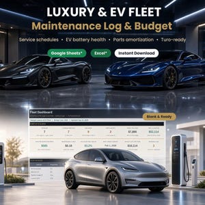 Luxury and EV fleet maintenance log and budget spreadsheet for Google Sheets and Excel with service schedules, EV battery health, parts amortization and rental-ready tracking