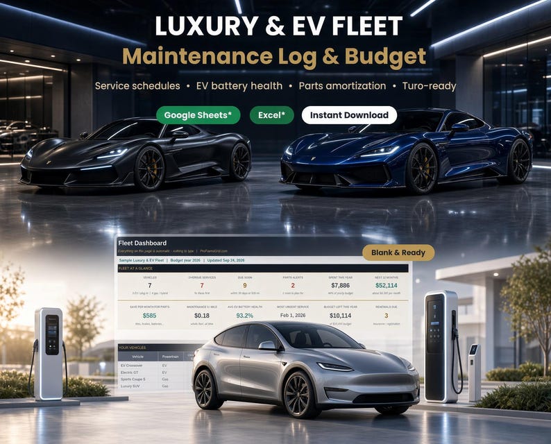 Luxury and EV fleet maintenance log and budget spreadsheet for Google Sheets and Excel with service schedules, EV battery health, parts amortization and rental-ready tracking
