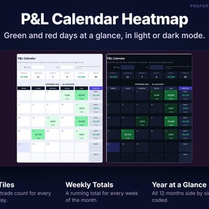 Daily P&L calendar heatmap for options trading with weekly totals, shown in light and dark themes.