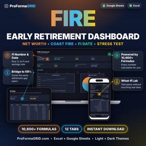 FIRE early retirement dashboard spreadsheet template for Excel* and Google Sheets* showing FI number, FI date, net worth trend, bridge years and what-if lab on laptop, tablet and phone