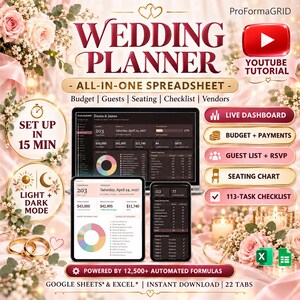 May include: A digital wedding planner spreadsheet for Google Sheets and Excel featuring a laptop, tablet, and phone displaying budget, guest, and seating charts. Includes text: Wedding Planner, All-in-One Spreadsheet, Live Dashboard, and 12,500+ Automated Formulas.