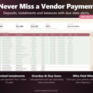 Wedding payment tracker listing deposits, instalments and final balances with due dates, paid checkmarks and overdue alerts.