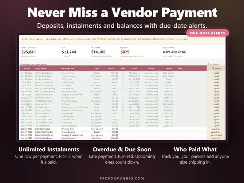 Wedding payment tracker listing deposits, instalments and final balances with due dates, paid checkmarks and overdue alerts.