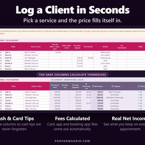 Hair stylist income log with service price lookup, cash and card tip columns and automatic processing fees