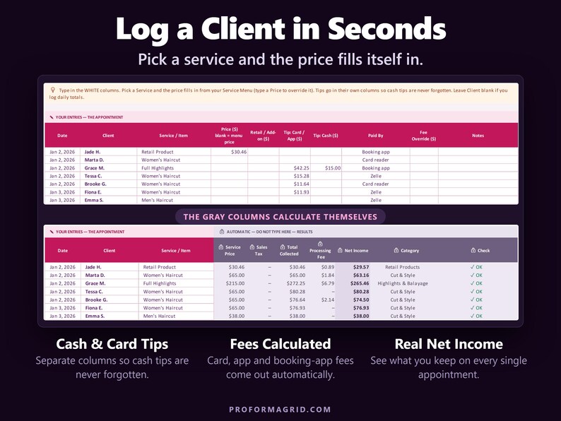 Hair stylist income log with service price lookup, cash and card tip columns and automatic processing fees