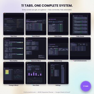 Overview of all 11 tabs in the ADHD Dopamine Gamified Planner: quests, habits, boss battles, mood tracking, and rewards.