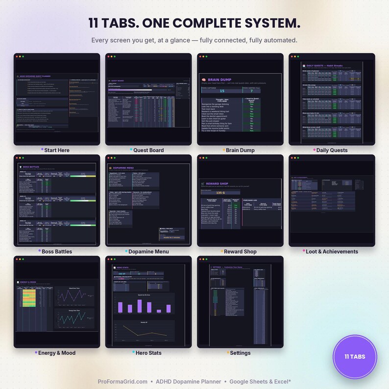 Overview of all 11 tabs in the ADHD Dopamine Gamified Planner: quests, habits, boss battles, mood tracking, and rewards.