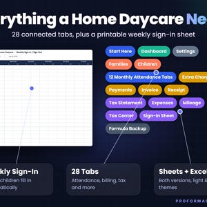 Printable weekly daycare sign-in sheet with active children filled in, beside colored labels for all 28 tabs including attendance, payments, invoice, receipt, tax statement, expenses and mileage.