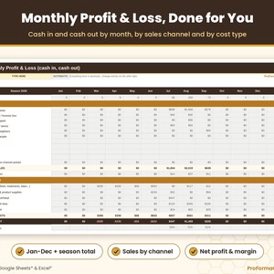 Monthly profit and loss overview tab showing automated January through December revenues, costs, and net margins.