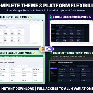 Options trading journal in Google Sheets and Excel, each in light mode and dark mode.