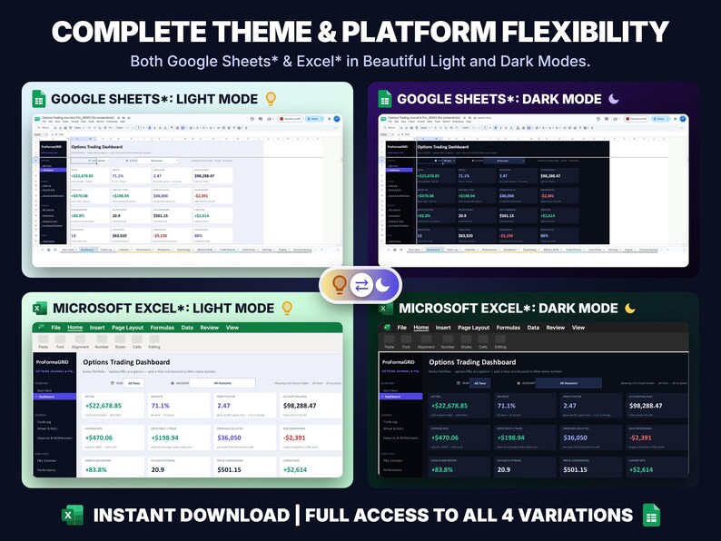 Options trading journal in Google Sheets and Excel, each in light mode and dark mode.