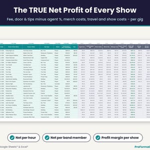 Gig log showing performance fee, tips, agent fee, merch net, travel and show costs and the true net profit, net per hour and profit margin of every show.