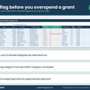 Expenses tab spreadsheet flagging CHECK: category not allowed when a restricted grant fund is charged the wrong category.