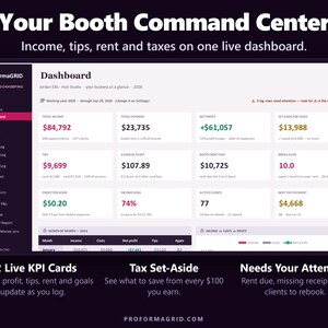 Booth renter dashboard showing income, expenses, net profit, tax set-aside, tips, break-even and next quarterly tax payment