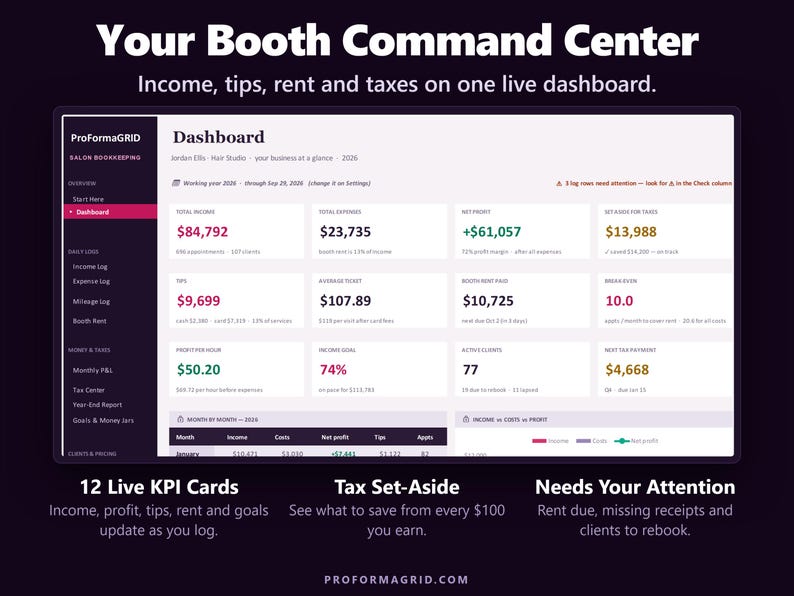 Booth renter dashboard showing income, expenses, net profit, tax set-aside, tips, break-even and next quarterly tax payment