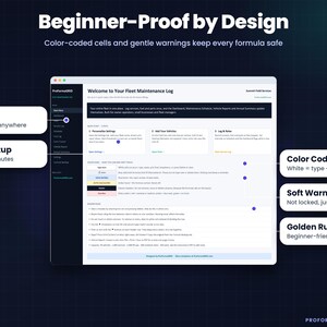 Beginner proof setup screen with 3-step guide, color-coded cell map, soft formula warnings to prevent errors, and a dark sidebar navigation menu.