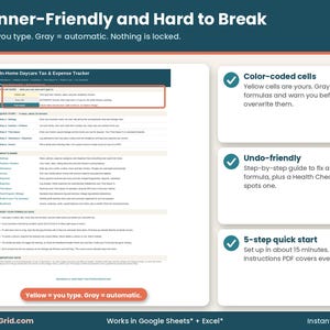 Start Here tab of the daycare tracker with color guide (yellow cells you type, gray cells automatic), 5-step quick start and formula safety tips.