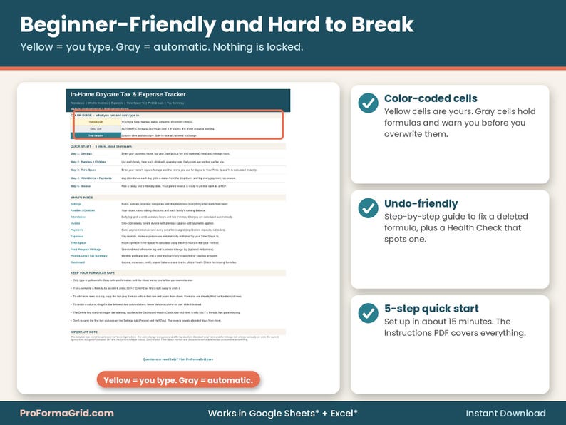 Start Here tab of the daycare tracker with color guide (yellow cells you type, gray cells automatic), 5-step quick start and formula safety tips.