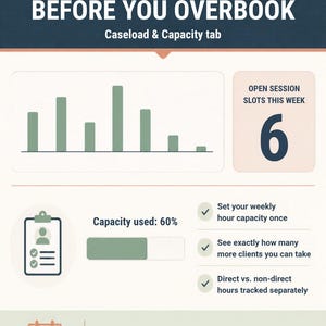 K&ouml;nnte beinhalten: Eine Infografik mit dem Titel KNOW YOUR CASELOAD BEFORE YOU OVERBOOK, die ein Balkendiagramm, ein Feld mit 6 offenen Sitzungspl&auml;tzen, eine Kapazit&auml;tsanzeige von 60 Prozent und eine Checkliste zur Nachverfolgung von Kundenstunden enth&auml;lt.