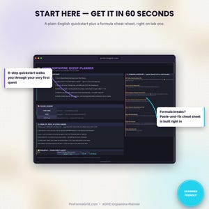 Start Here tab of the ADHD gamified planner: 60-second quickstart guide and formula-safety cheat sheet for spreadsheet beginners.