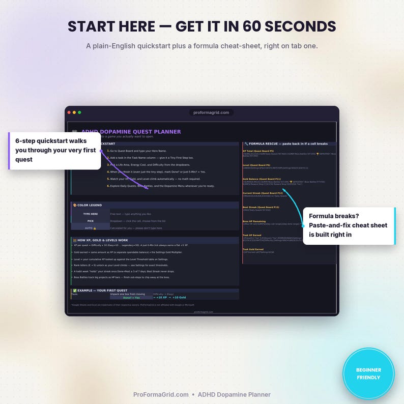 Start Here tab of the ADHD gamified planner: 60-second quickstart guide and formula-safety cheat sheet for spreadsheet beginners.