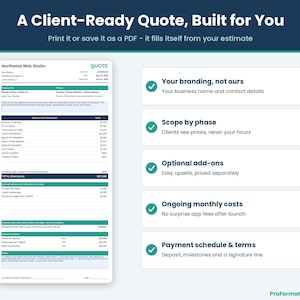 Printable one-page client quote template displaying project scope by phase, optional add-ons, monthly costs, and signature line.