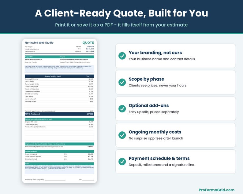 Printable one-page client quote template displaying project scope by phase, optional add-ons, monthly costs, and signature line.