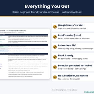 What's included: Google Sheets* and Excel* versions, Instructions PDF, blank template, formulas protected not locked, no subscription