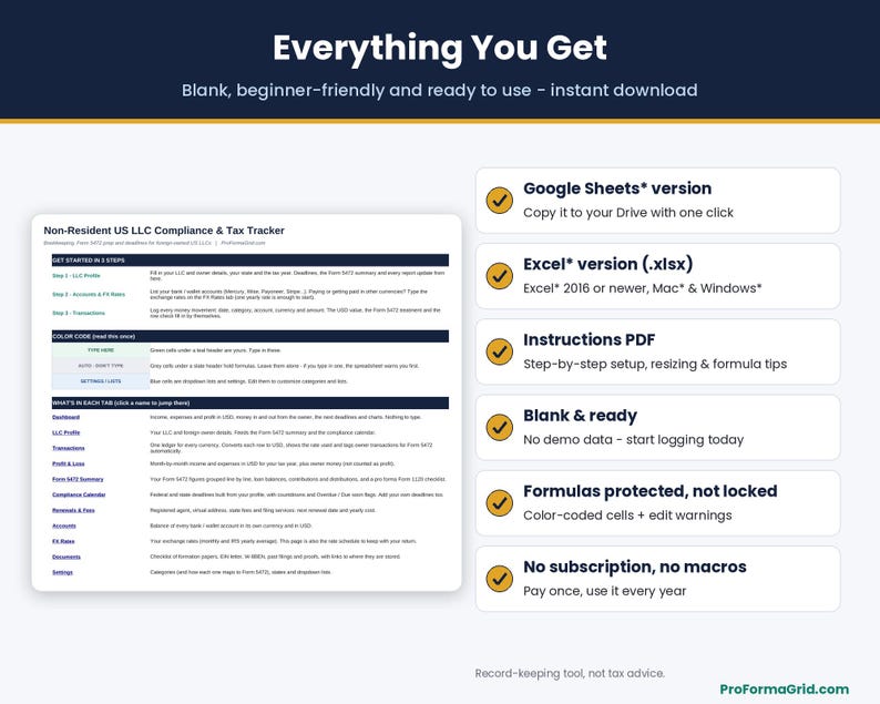 What's included: Google Sheets* and Excel* versions, Instructions PDF, blank template, formulas protected not locked, no subscription