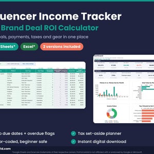 Influencer income tracker and UGC brand deal ROI calculator template for Google Sheets and Excel with dashboard, payment due dates and tax set-aside