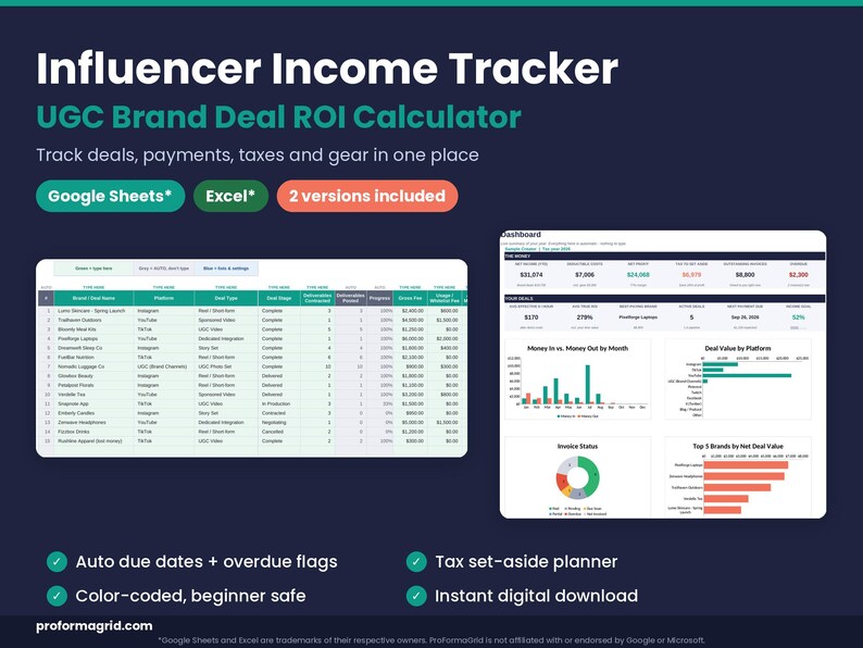 Influencer income tracker and UGC brand deal ROI calculator template for Google Sheets and Excel with dashboard, payment due dates and tax set-aside