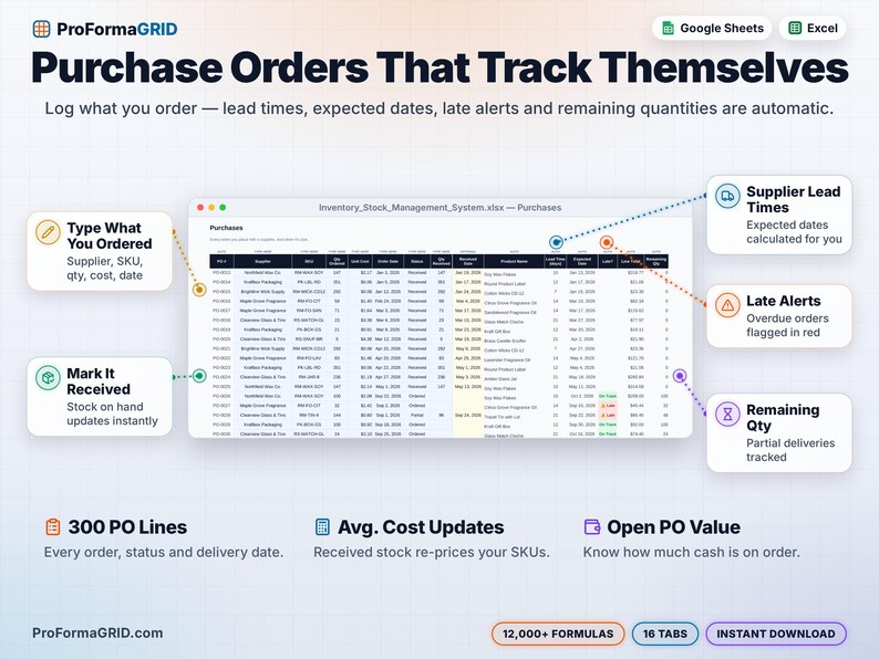 Purchase order tracker with supplier lead times, expected delivery dates, late alerts, partial deliveries and remaining quantities calculated automatically in Excel* or Google Sheets*.
