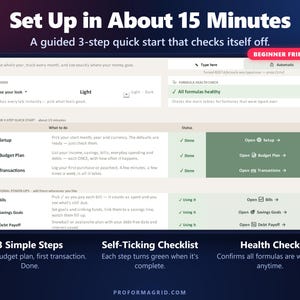 Start Here tab with a 3-step quick start checklist, theme switch and formula health check.