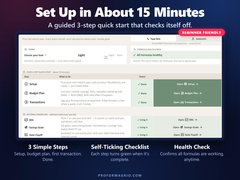 Start Here tab with a 3-step quick start checklist, theme switch and formula health check.