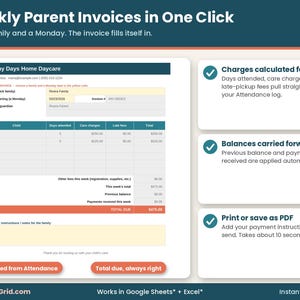 Weekly parent invoice template for in-home daycare that auto-fills days attended, care charges, late pickup fees, previous balance and total due from the attendance log.