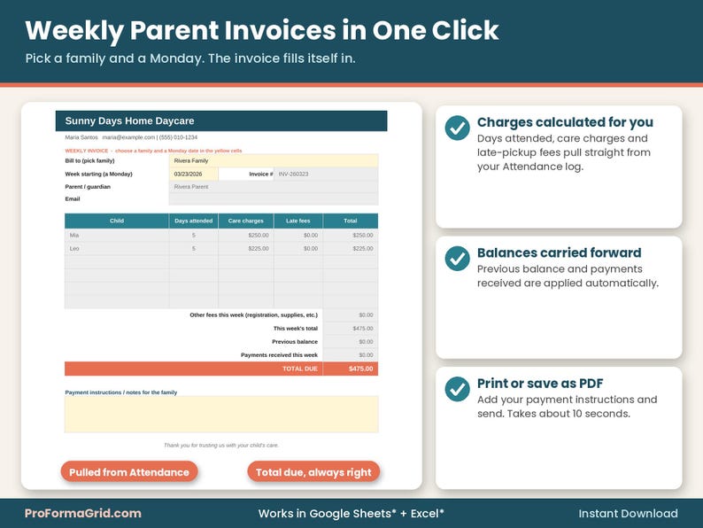 Weekly parent invoice template for in-home daycare that auto-fills days attended, care charges, late pickup fees, previous balance and total due from the attendance log.