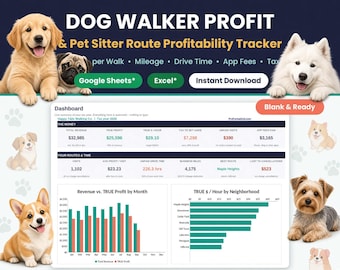 Dog Walker Spreadsheet | Pet Sitter Business Tracker | Route Profit, Mileage & Accounting Calculator | Google Sheets* Excel* Template