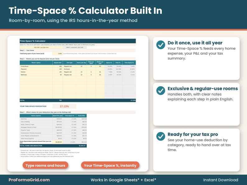 Time-Space percentage calculator for family childcare providers using the IRS hours-in-the-year method, with room-by-room square footage and home expense deductions.