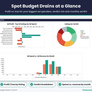 Dashboard charts showing ad profit or loss by listing, listing verdict breakdown, and Etsy ad spend vs ad revenue by month