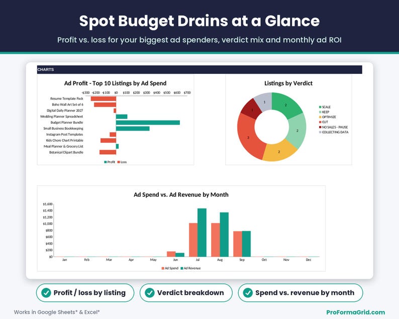 Dashboard charts showing ad profit or loss by listing, listing verdict breakdown, and Etsy ad spend vs ad revenue by month