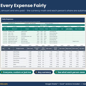 Daily expense logging tab with 300 rows, split options for everyone or custom shares, exact amounts, and per-person cost calculations.