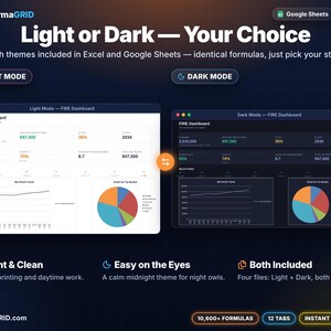 FIRE dashboard shown in light mode and dark mode side by side; both themes included for Excel* and Google Sheets* with identical formulas