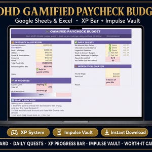 ADHD-friendly gamified paycheck budget Excel template with XP progress bar, daily quests, and worth-it calculator dashboard