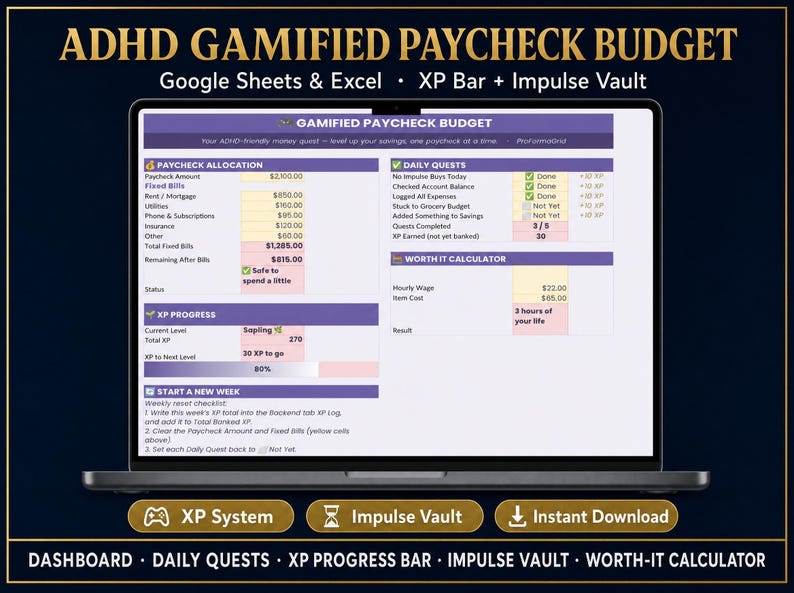 ADHD-friendly gamified paycheck budget Excel template with XP progress bar, daily quests, and worth-it calculator dashboard