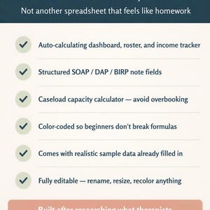 K&ouml;nnte beinhalten: Eine digitale Vorlage f&uuml;r Therapeuten mit dem Text MADE FOR THERAPISTS, BY DESIGN und Not another spreadsheet that feels like homework. Sie listet Funktionen wie ein automatisch berechnendes Dashboard sowie SOAP-, DAP- und BIRP-Notizfelder.