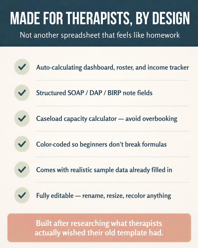K&ouml;nnte beinhalten: Eine digitale Vorlage f&uuml;r Therapeuten mit dem Text MADE FOR THERAPISTS, BY DESIGN und Not another spreadsheet that feels like homework. Sie listet Funktionen wie ein automatisch berechnendes Dashboard sowie SOAP-, DAP- und BIRP-Notizfelder.