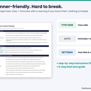 Beginner-friendly tutor spreadsheet color code: green cells to type, grey formula cells with a warning, blue settings, plus Start Here guide and instructions PDF.